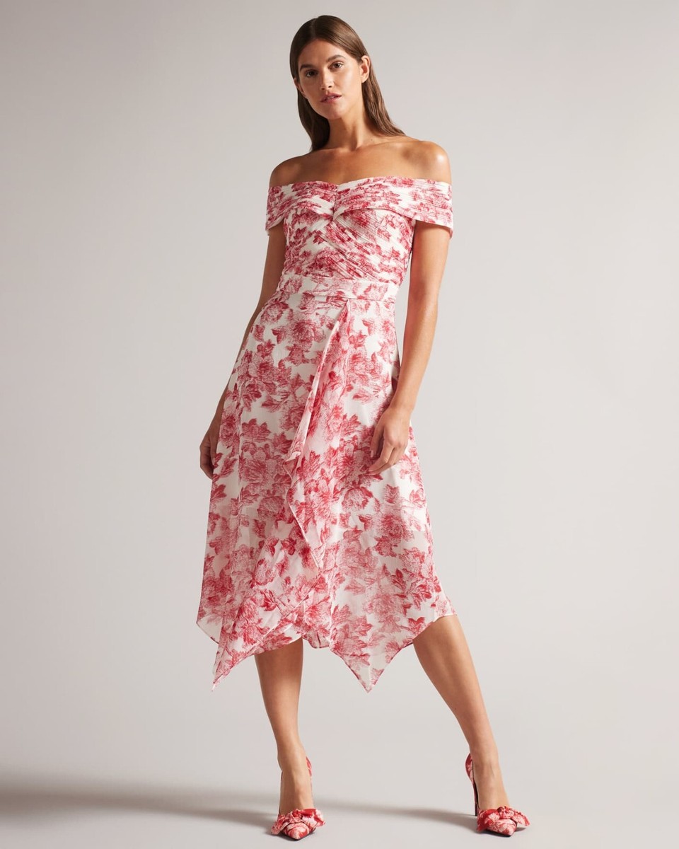 ★Ted Baker Malrie シアートップxフローラル 上質マキシ★ TED BAKER Floral Chiffon Pleated Bardot Off Shoulder Midi