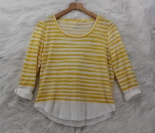 Talbots Petites Women's Linen Bld Yellow Stripe Roll Tab Lightweight Top MP 1614
