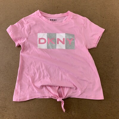 DKNY Girls Size 6 Pink Glitter Logo Short Sleeve Knot Front T-Shirt New