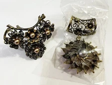 Vintage Gold Tone Filigree Scarf Clip Ring Floral Blush Silver Faux Pearl Lot 2x