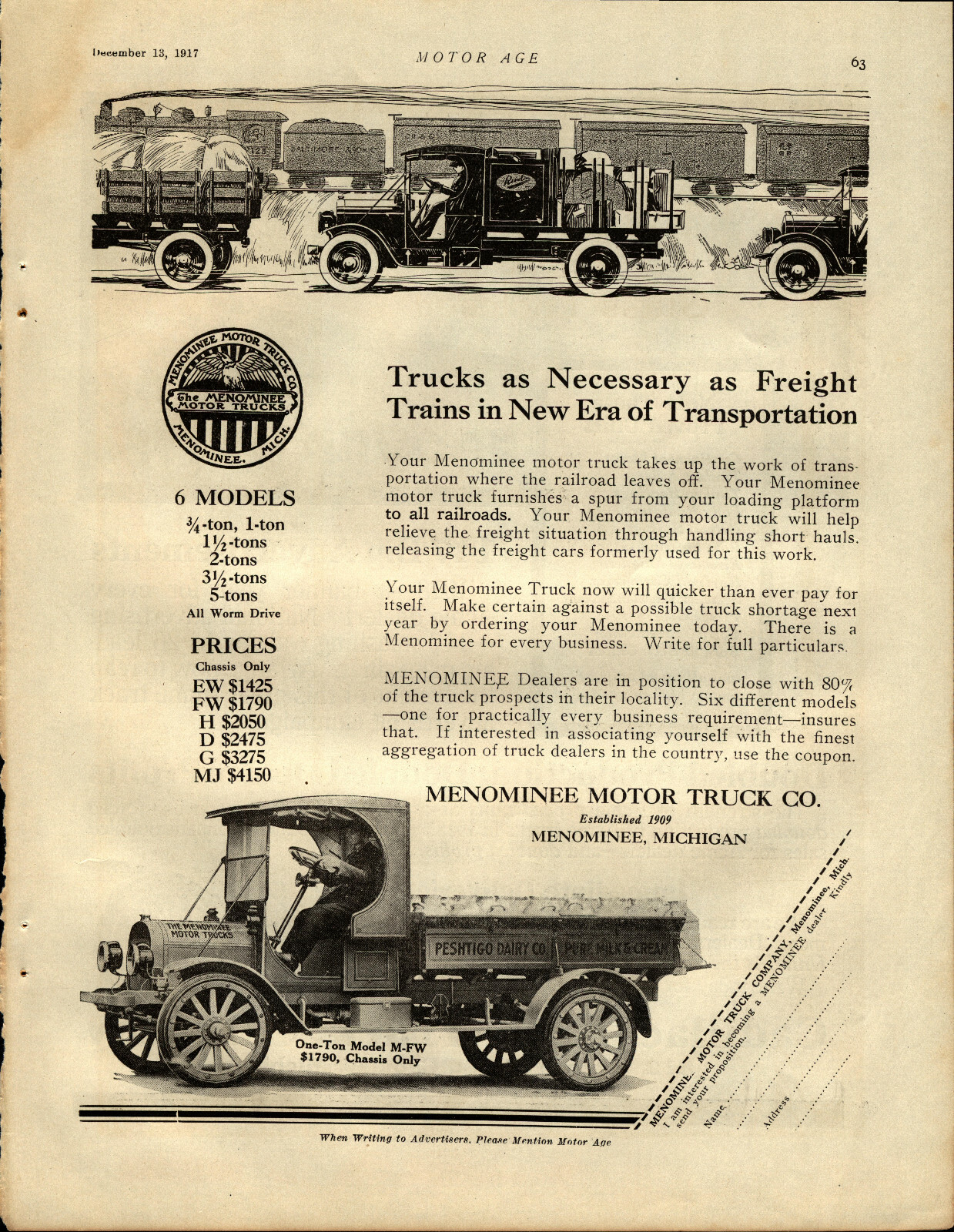 1917 Menominee Trucks of Michigan Advertisement Peshtigo Dairy Co