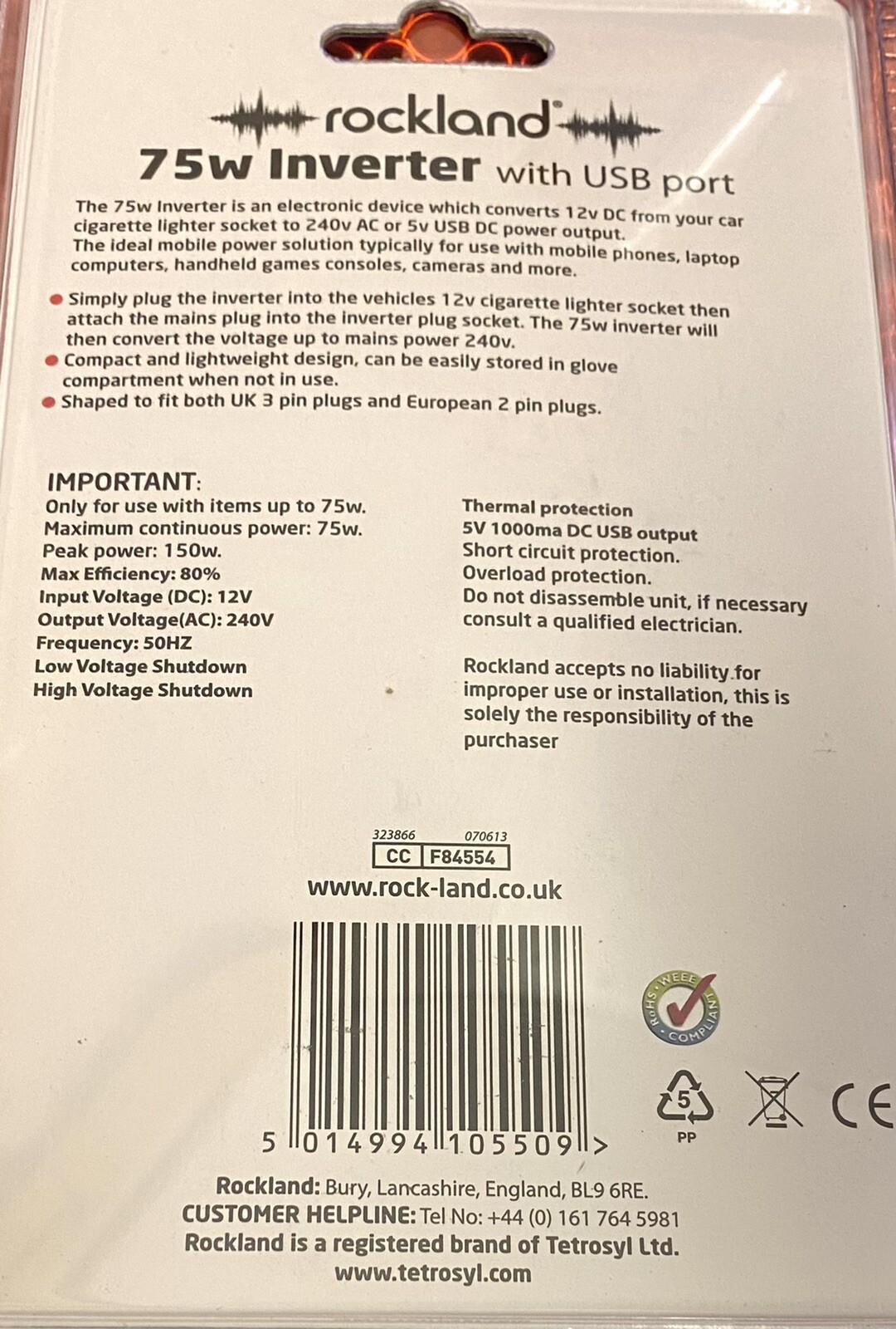 Rockland 75w Power Inverter with USB Port Converts Car 12v DC to 240v