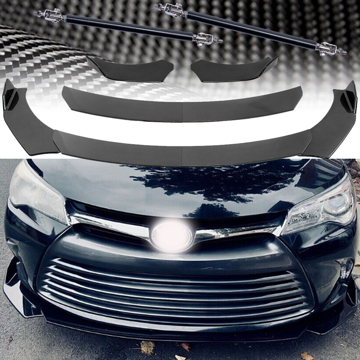 For Toyota Camry Carbon Fiber Front Bumper Lip Splitter Spoiler Strut Rods