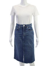 Amo Women Straight Pencil Skirt Blue Cotton Knee Length Size 24