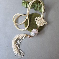 Vintage Asian Style ceramic Beads Knotted Tassel Pendant Ivory Cord Necklace 24"