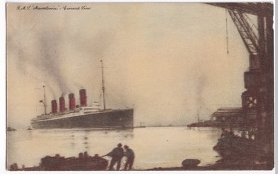 Cunard Line RMS Mauretania Ozeandampfer Schiff Hafenarbeiter antike Postkarte um 1910