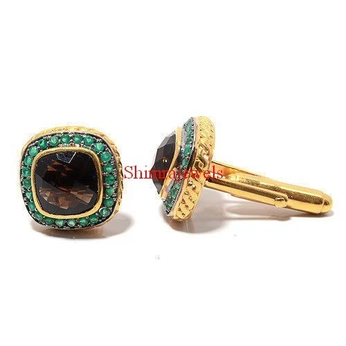 Natural Garnet & Green Onyx Gemstone With 18k Gold Plated Silver Cufflinks #61 - Image 2 of 4