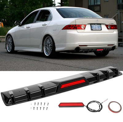 For Acura TSX 2004-2014 Glossy Black Rear Bumper Diffuser Lip w/ Led Brake Light