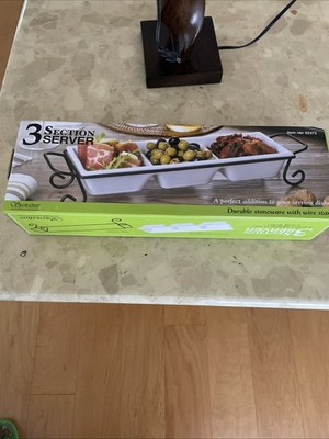 Signature 3 Section Server. Ceramic Serving Dish with Wire Stand. New In Box