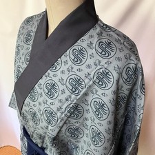 Japanese Vintage Men's Nagajuban Kimono Robe Gray Longevity Symbol Pattern Japan