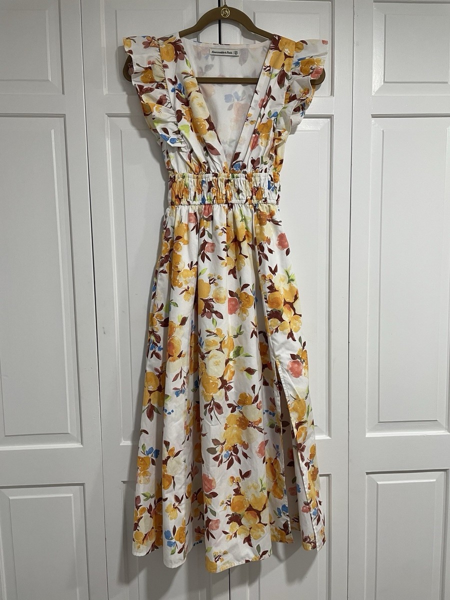 Abercrombie & Fitch Dress Flutter Sleeve Plunging Neck Floral Silt Womens  XXS