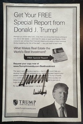 Signed DONALD TRUMP University Special Report Advertisement Page Auto 5x7 JCA