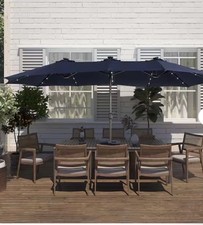 15ft Steel Patio Double-sided Umbrella With Base And solar Lights Navy