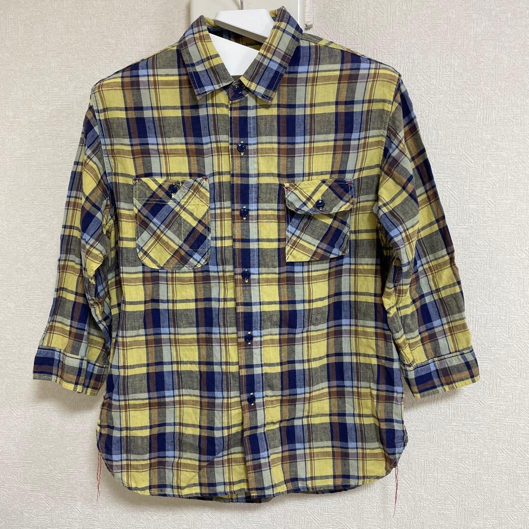 Sugar Cane Check Flannel Shirt S Yellow Navy Long Sleeve Mens Vintage _#383
