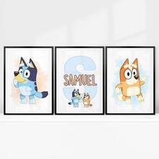 Personalised Bluey Wall Art Girl/Boy Blue Bedroom Nursery Bingo Prints Set of 3