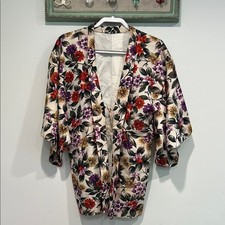 Vintage Short Floral Kimono with Red, Purple, and Yellow Hawaiian Flowers s/larg