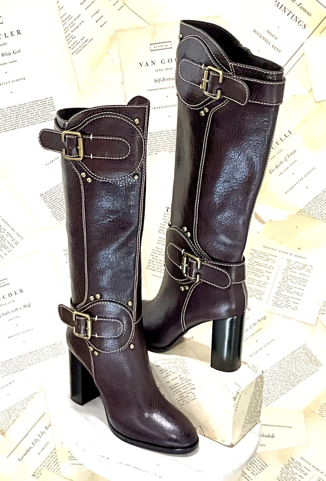 Free People Jeffrey Campbell Tall Boheme Buckle Boot Brown Crinkle Bronze 7 NEW - Image 2 of 4