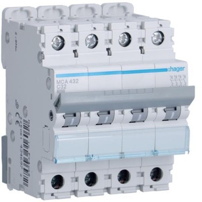 Sicherungsautomat 4 Pole 32 A 6 Ka Kurve C 4 M. Din Hager MCA432