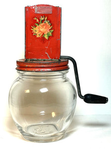 VTG 1940's HAZEL ATLAS NUT GRINDER WITH ORIGINAL GLASS JAR 5935 RED METAL TOP