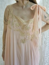Vintage 1930s Silk Slip Inset Lace Ecru Tie Shoulder 1920s Antique Lingerie Gown