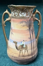 Antique Nippon Hand Painted Egyptian Motif w/ Camel Vase 7” As Is