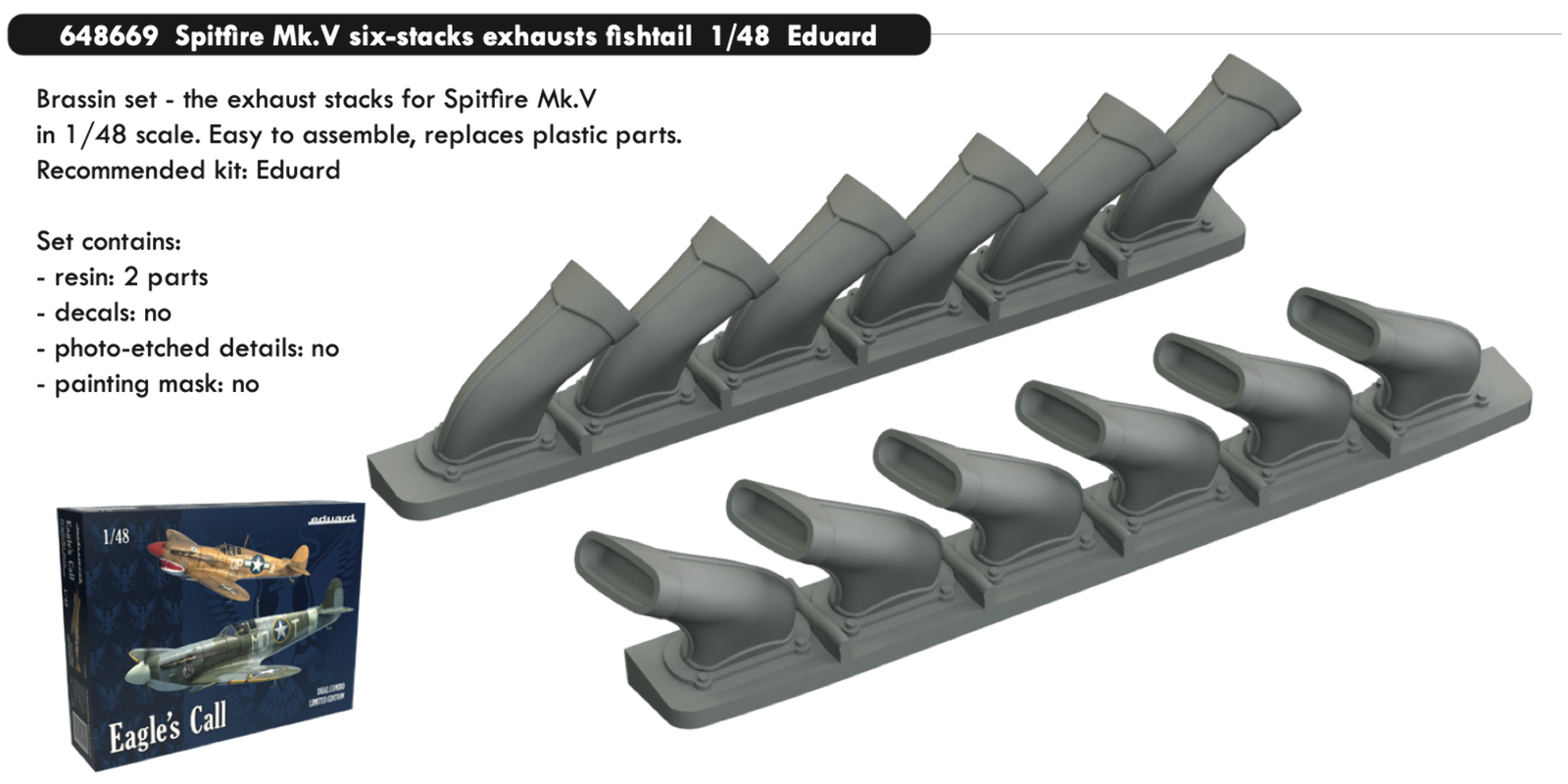 Eduard Brassin 648669 1:48 Supermarine Spitfire Mk.V six-stacks exhausts fishtai