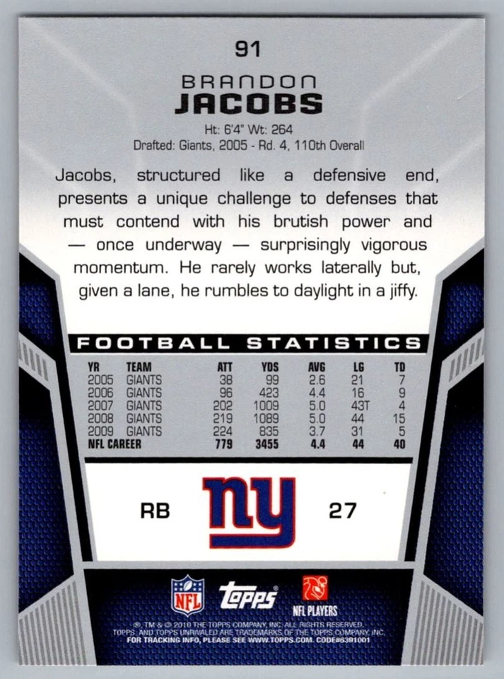 2010 Topps Unrivaled Brandon Jacobs New York Giants #91 - Image 2 of 2