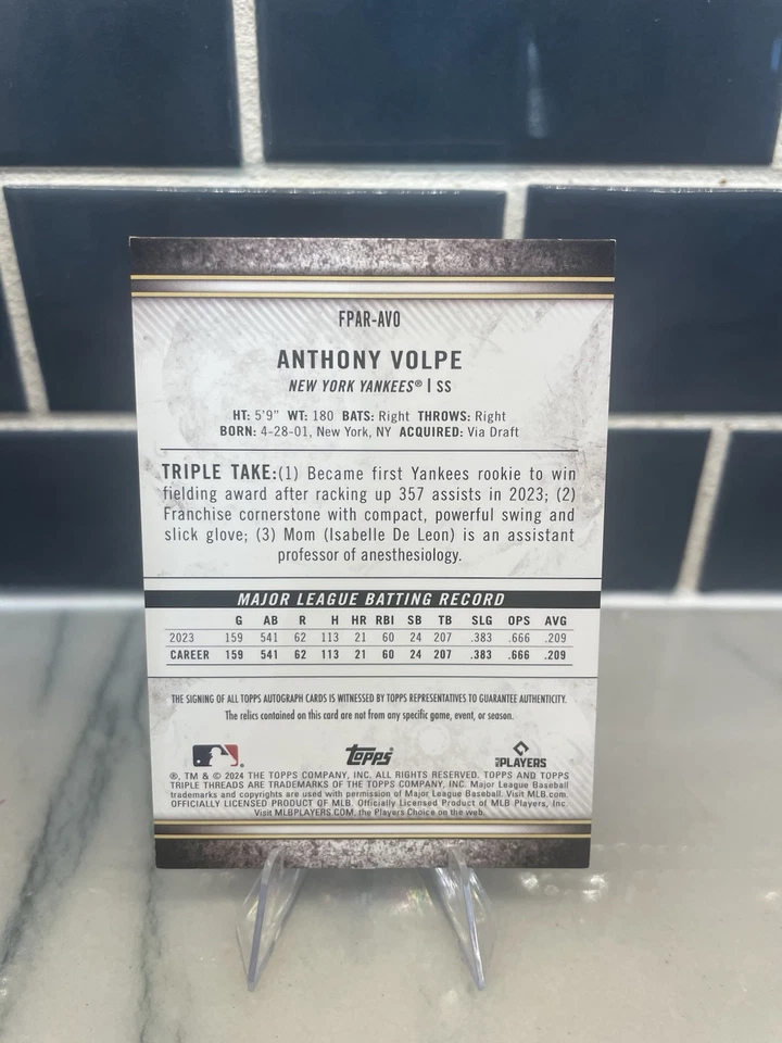 2024 Topps Triple Threads Anthony Volpe Future Phenoms Auto Relics Gold /35 (GU) - Image 2 of 2