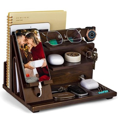 KOCWELL Wood Phone Docking Station, Gifts for Men, Nightstand Organizer Wood for