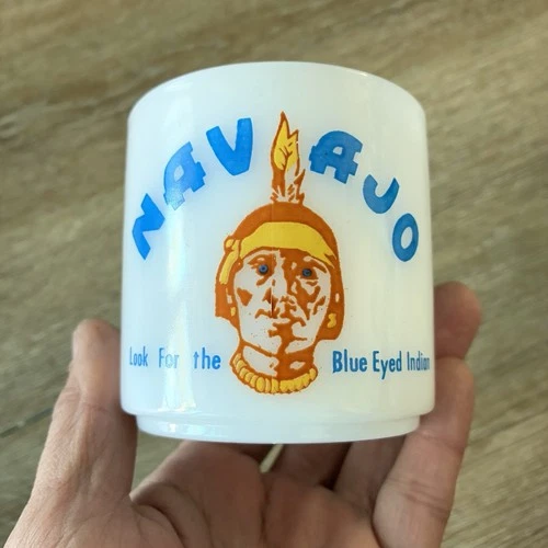 Vintage NAVAJO Milk Glass Mug Look For The Blue Eyed Indian Heat Proof USA