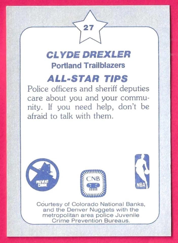 Tarjeta de policía de Denver Star '84 Clyde Drexler 1984-85 #27 Trailblazers Foto 2 de 4