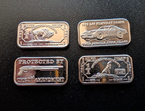 Lot of Four (4) .999 Silver Gram Bars - 2nd Amendment, Buffalo, Stingray, Wolf