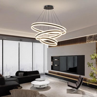 3 Ring Circular LED Pendant Chandelier, Modern Black Ceiling Light, Dimmable ...
