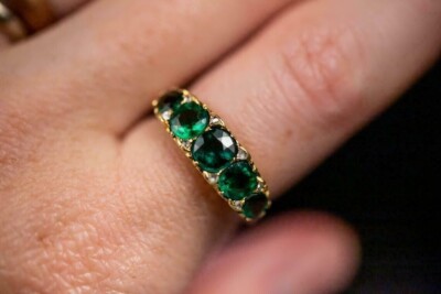 3Ct Round Cut Lab Created Green Emerald Five Stone Ring 14K Yellow Gold Plated