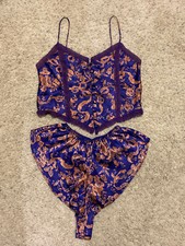 Vtg Victoria's Secret Gold Label Satin Camisole  Shorts Set Purple Gold Size P