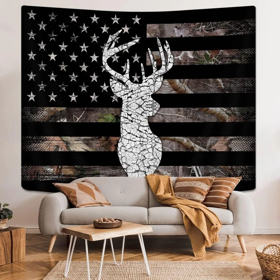 Tapiz de Caza Bandera Americana Ciervo Negro Estrellas y Rayas Bandera Tapiz Pared Foto 3 de 4