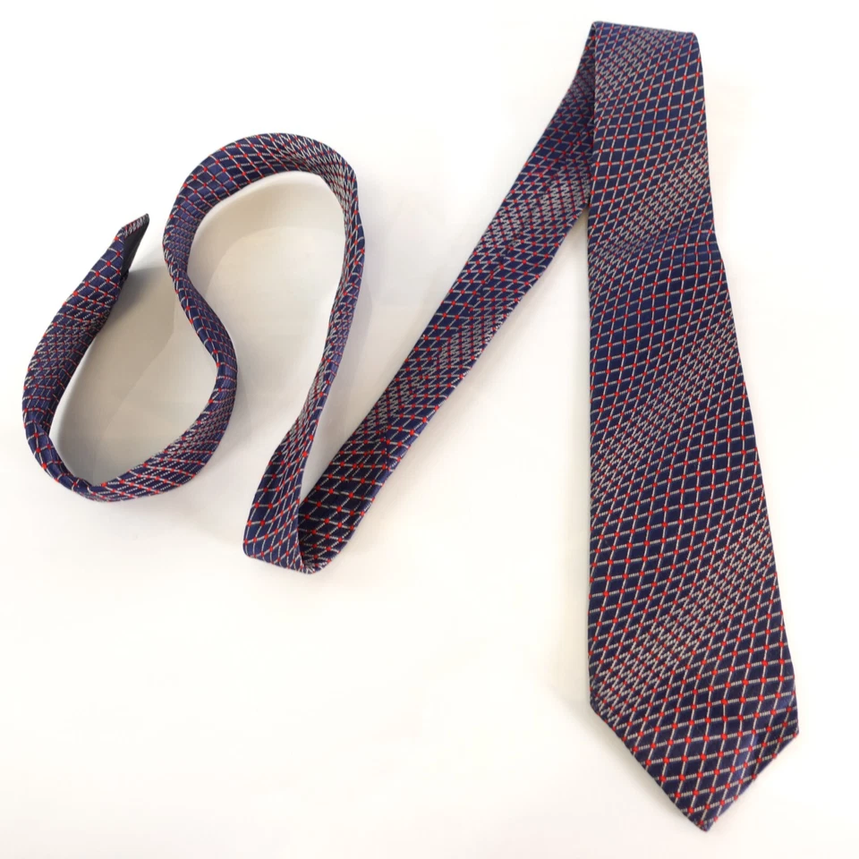 Neck Tie Mens Blue Red Geo Cross Striped Silk Dress Narrow GOLDEN EARTH Japan - Image 3 of 4
