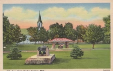 Zorn Park Harbor Strings Michigan Linen Vintage Post Card Church Cannon Well