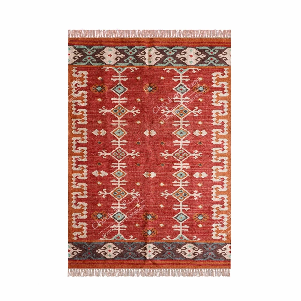 Handwoven Wool And Jute Kilim Rug Red Color Jute Area Rug For Home Decor Jute - Image 2 of 4