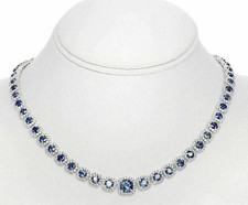 ESTATE 27.64CT DIAMOND & AAA SAPPHIRE 18KT WHITE GOLD ROUND HALO TENNIS NECKLACE
