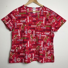 Rudolph The Red Nosed Reindeer Scrub Top Womens Large Red Christmas Snowflakes
