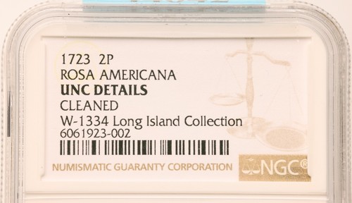 1723 3.7-E.9 R-4 NGC UNC Details Rosa Americana 2 Pence Colonial Coin - Picture 3 of 3