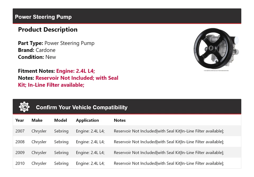 Насос гидроусилителя руля Cardone 2008 2009 для Chrysler Sebring 2,4 л L4 2007-2010 годов выпуска - Изображение 2 из 4