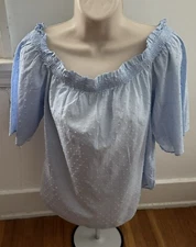H&M Women Baby Blue Top, Size 6 Popcorn Bell Sleeve Blouse 100% Cotton Bohemian