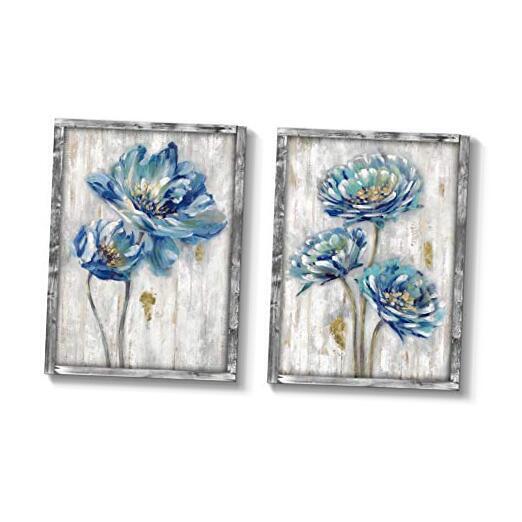 Blue Floweren Artwork Framed: Bloom Wall Art Floral Wood 11