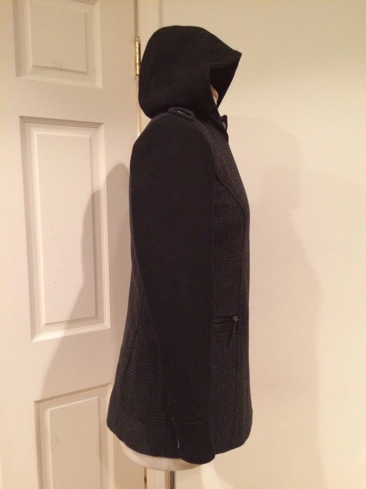 Cappotto asimmetrico Michael Kors zip misto lana trench cappuccio nero grigio 2P nuovo con etichette $360