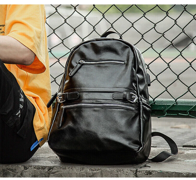 Mochila de couro empresarial masculina impermeável laptop escola esportes bolsa de viagem - Imagem 4 de 4