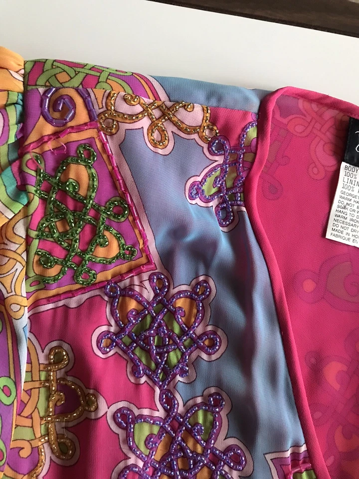 Vestido midi vintage anos 70 anos 80 Diane Freis rosa brilhante vermelho laranja corpete frisado tamanho P/M - Imagem 4 de 4