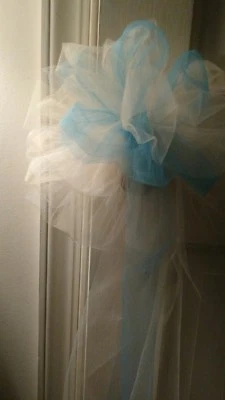 12 Ivory & Turquoise Tulle Pew Chair Gazebo Bow OR ANY COLOR RUSH ORDERS AVAIL - Image 1 of 2