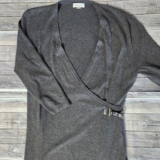 Calvin Klein Sweater Dress Womens Large Gray Long Sleeve Buckle Faux Wrap V Neck